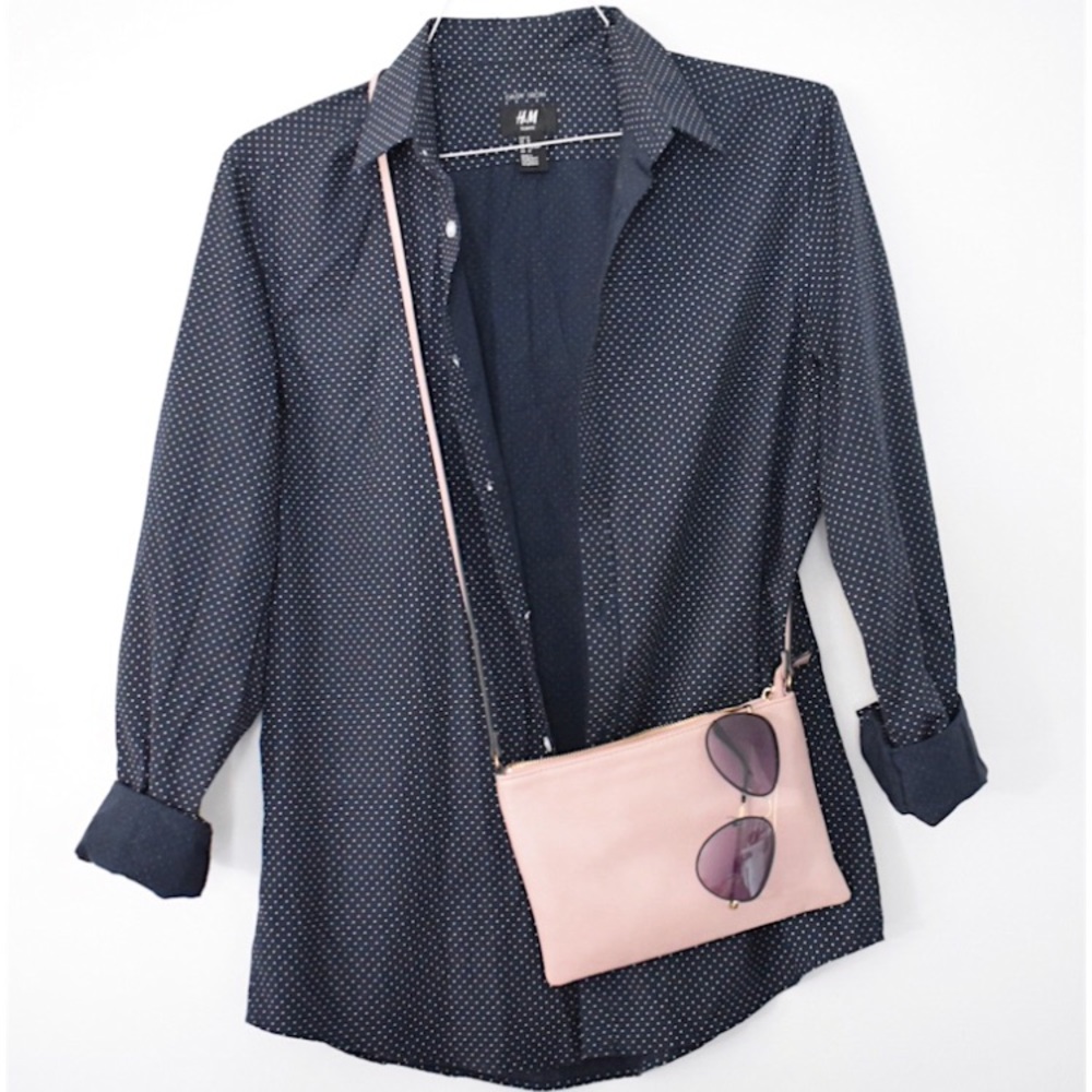 H&M • Button up • polka dot • navy blue shirt